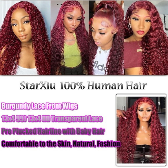 HUMAN HAIR Burgundy Deep Wave Lace Front Wig 13x4 HD Glueless 180% Density - Picture 4 of 9